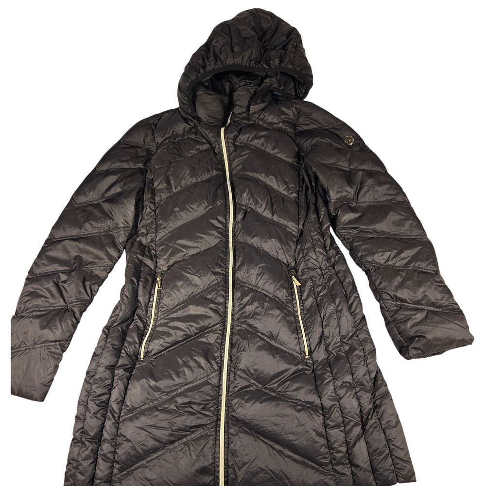 Michael Kors Womens Packable Down Puffer Coat Black Chevron Quilted Hooded Small